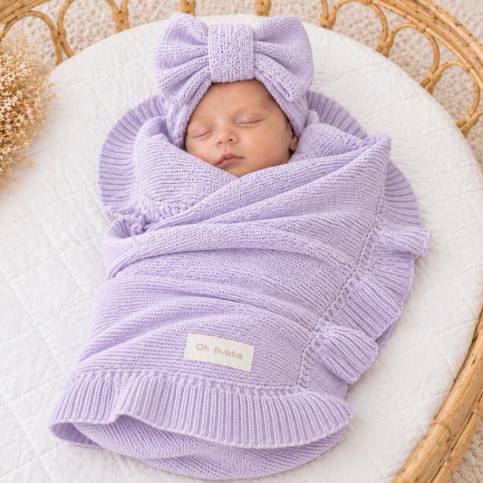 Lilac frill knit baby blanket 