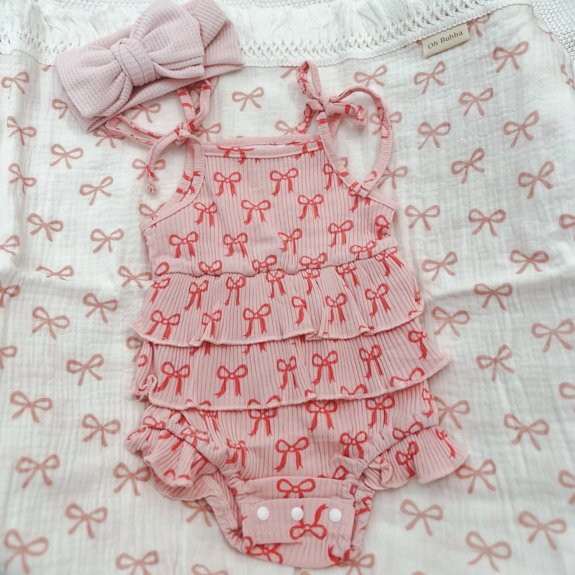 pink bows tie up romper 