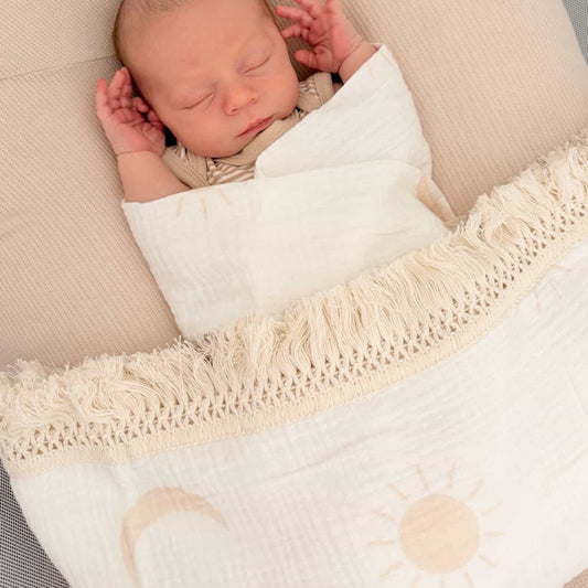 Organic Cotton Fringe Swaddle | Sun and Moon