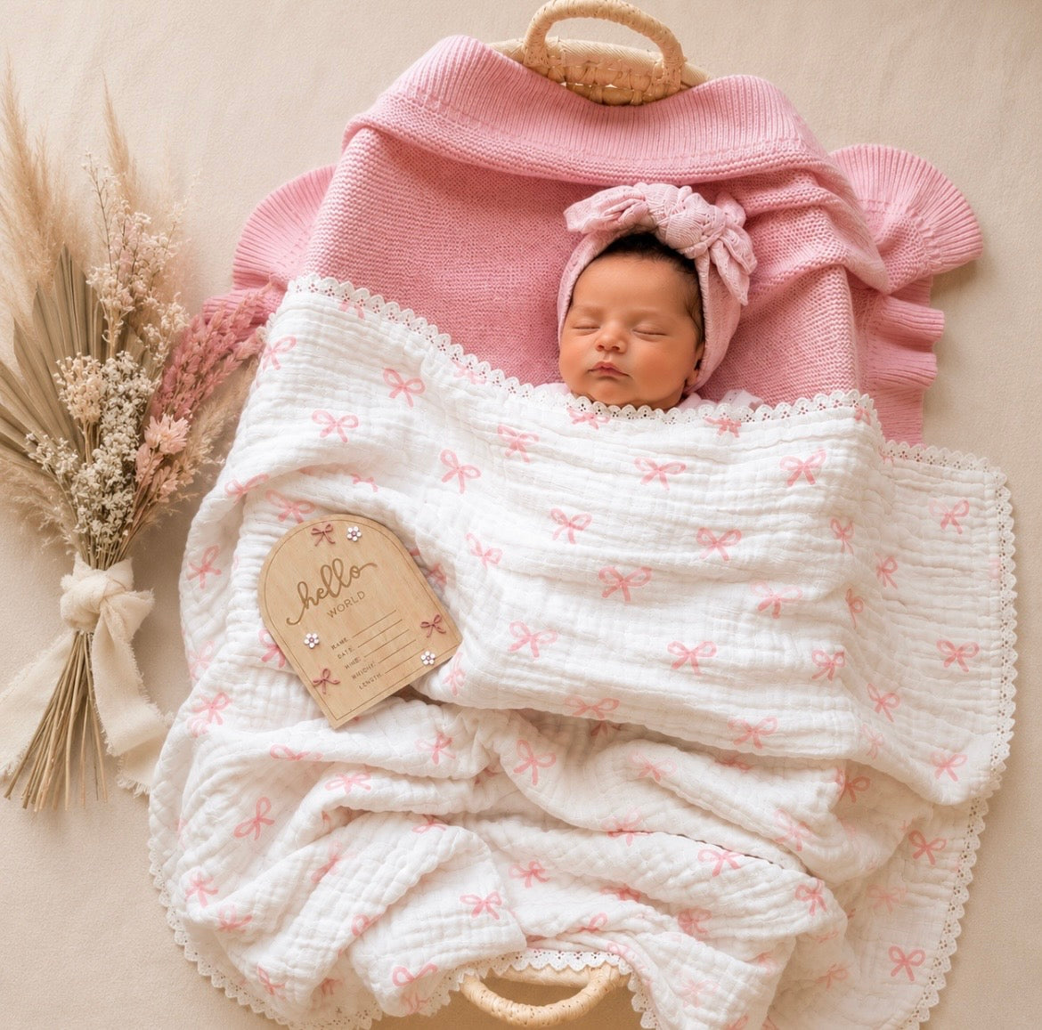 Pink Bows | Lace Collection Gauze Swaddle Blanket