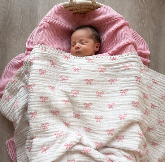 Pink bows lace edge swaddle blanket 
