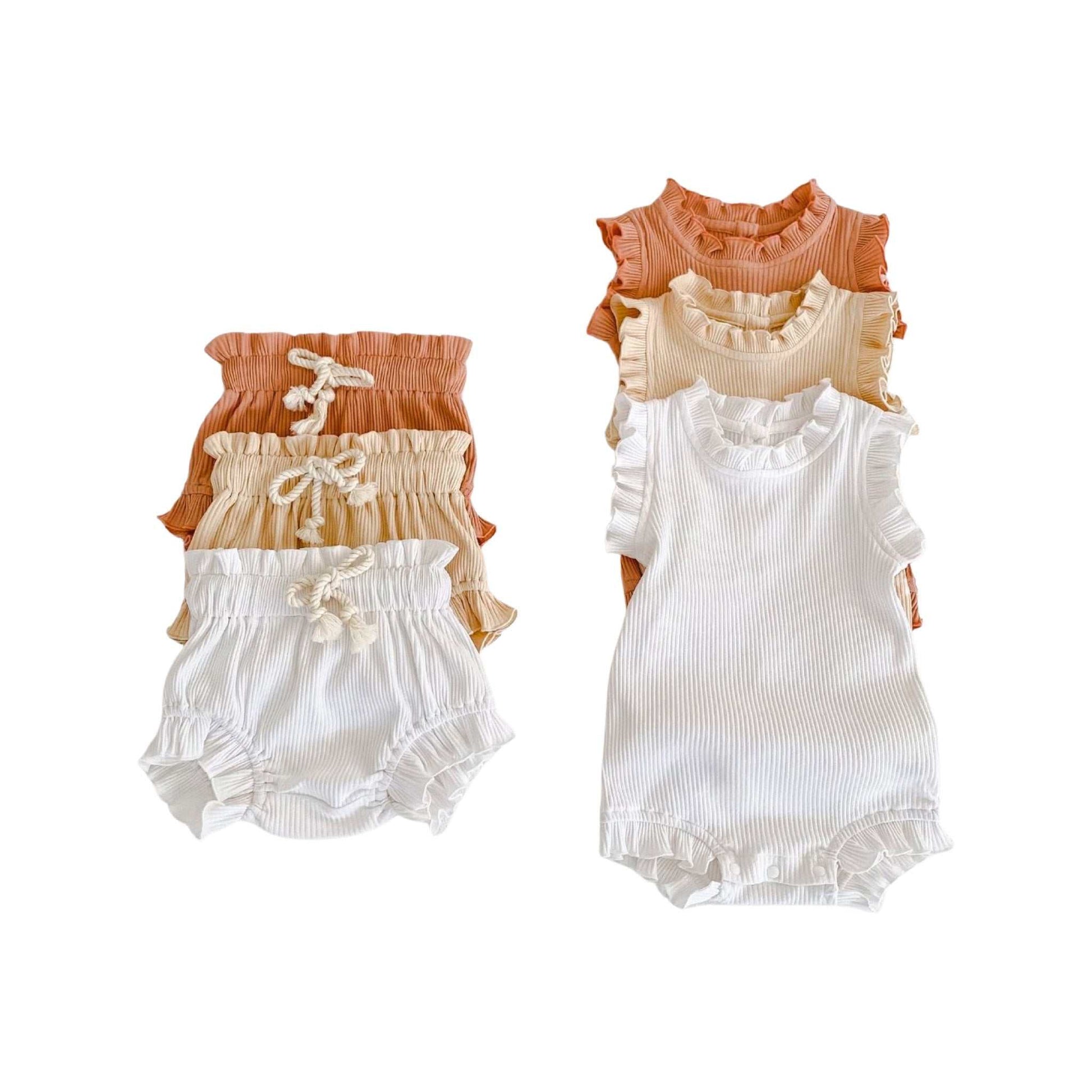 2 piece ribbed frill romper & shorts set | white 