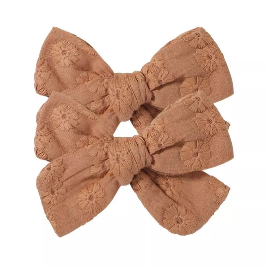 Embroidered 2 pcs Bow Clips | Tan