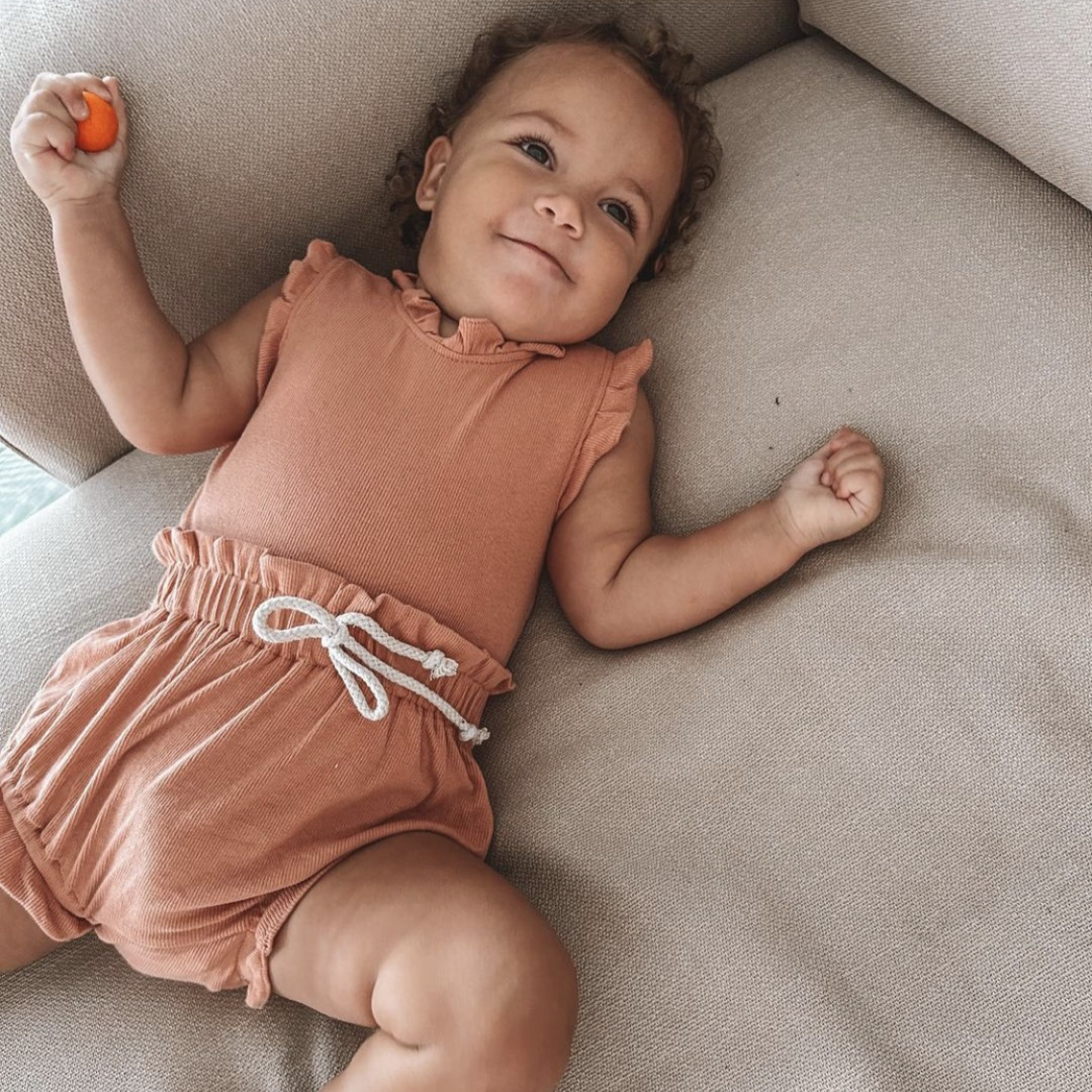 2 Piece Ribbed Frill Romper & Shorts Set | Dusty Rose