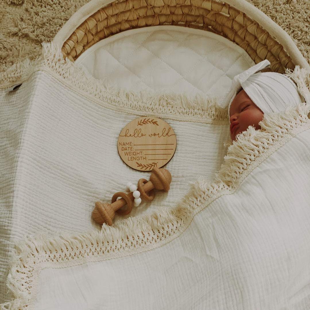 White baby fringe swaddle. Organic cotton baby swaddle. Newborn swaddle. Boho baby blanket. 