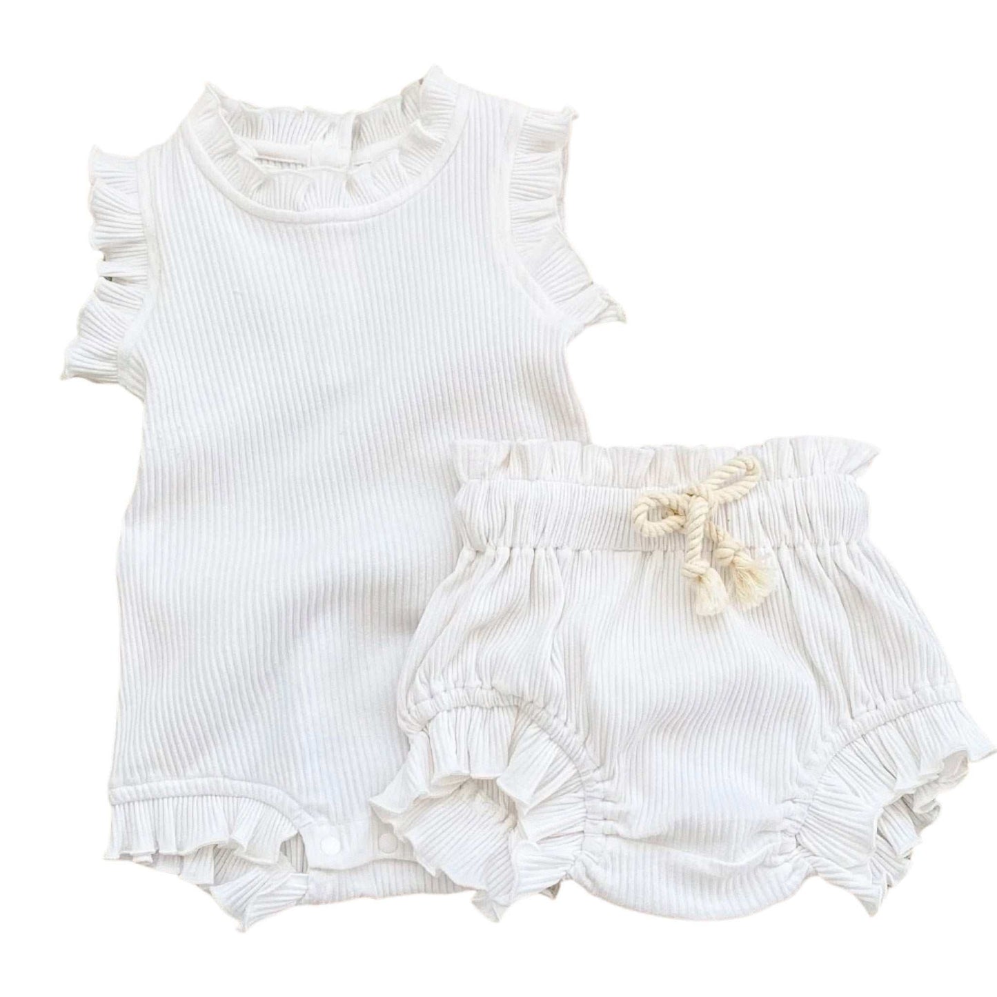 2 piece ribbed frill romper & shorts set. Baby Girl Clothing - Frill baby Romper and Shorts Set