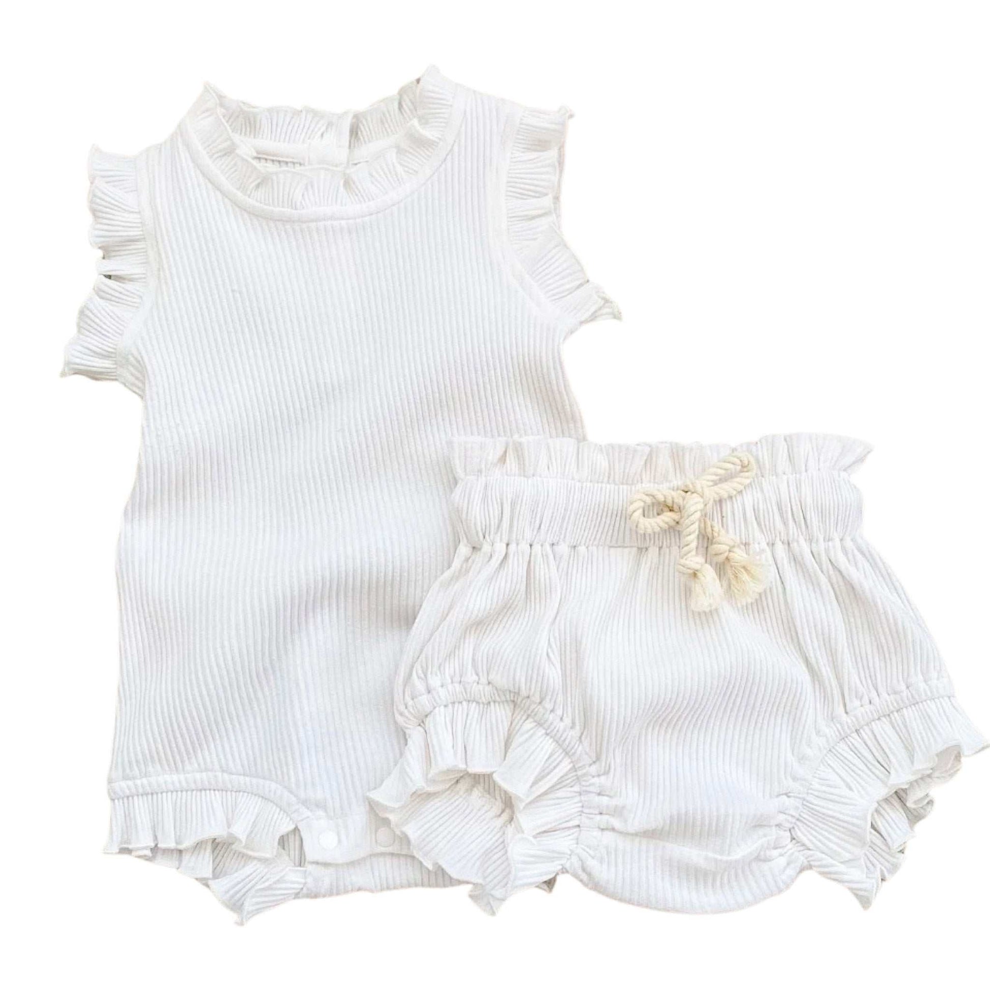 2 piece ribbed frill romper & shorts set. Baby Girl Clothing - Frill baby Romper and Shorts Set